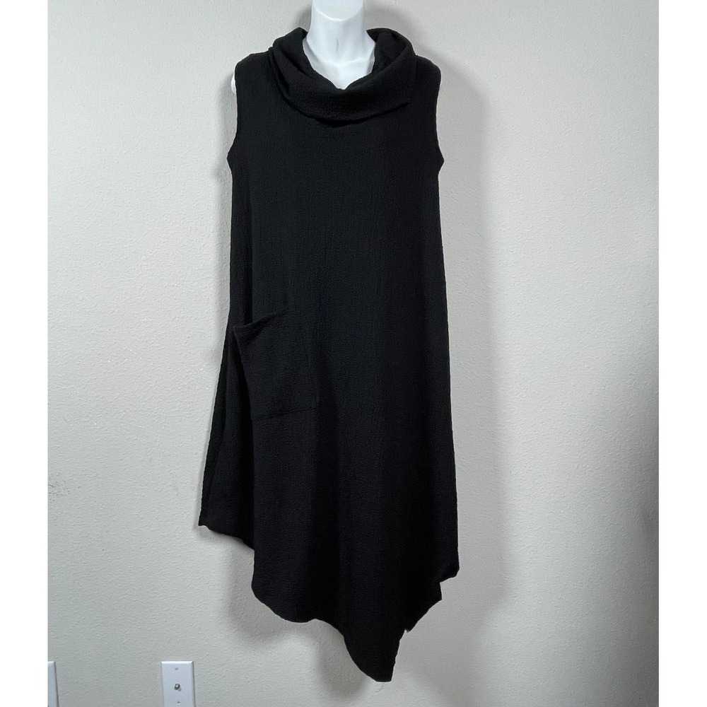 Inoah Dress Womens S USA Black Cowl Neck Asymmetrical Hem Crinkle Lagenlook Art
